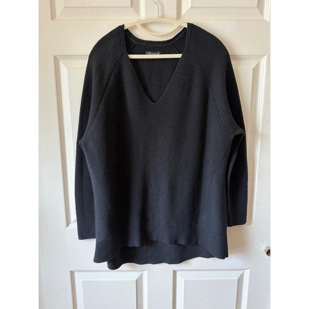 Athleta Hanover V-Neck Sweater Womens XL Black Merino Wool Blend High-Low
